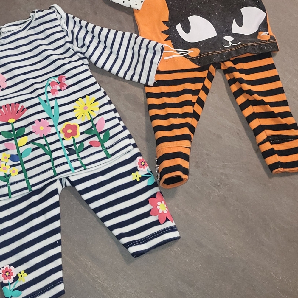 Striped Floral and Cat Print Baby Outfits